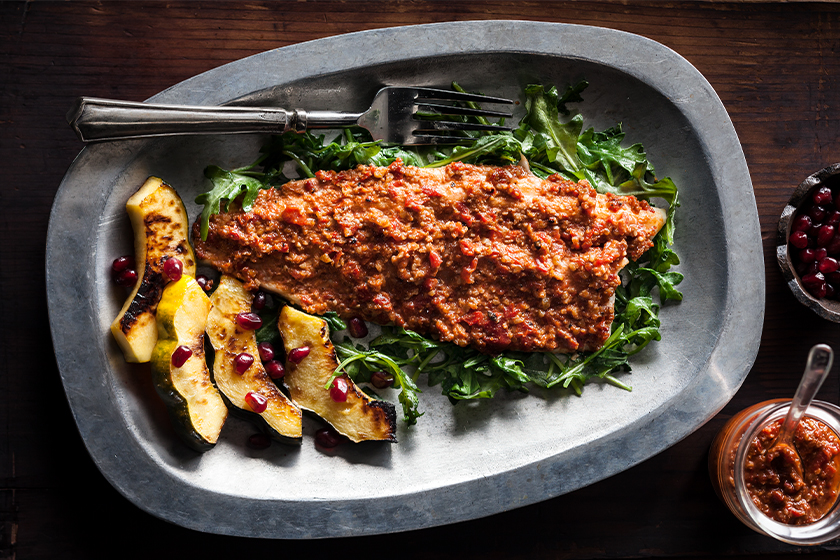 Muhammara Trout with Sautéed Acorn Squash and Wilted Rocket
