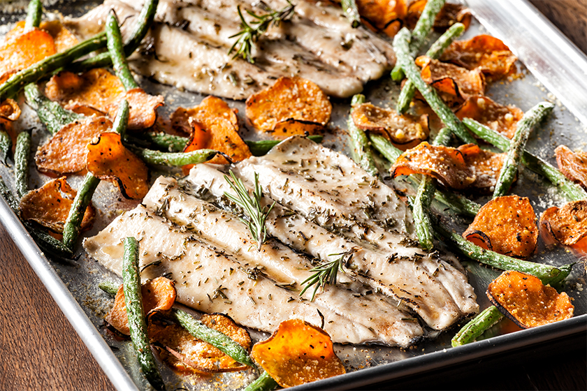 One-Pan Butterfly Trout with Parmesan Sweet Potato Chips & Green Beans