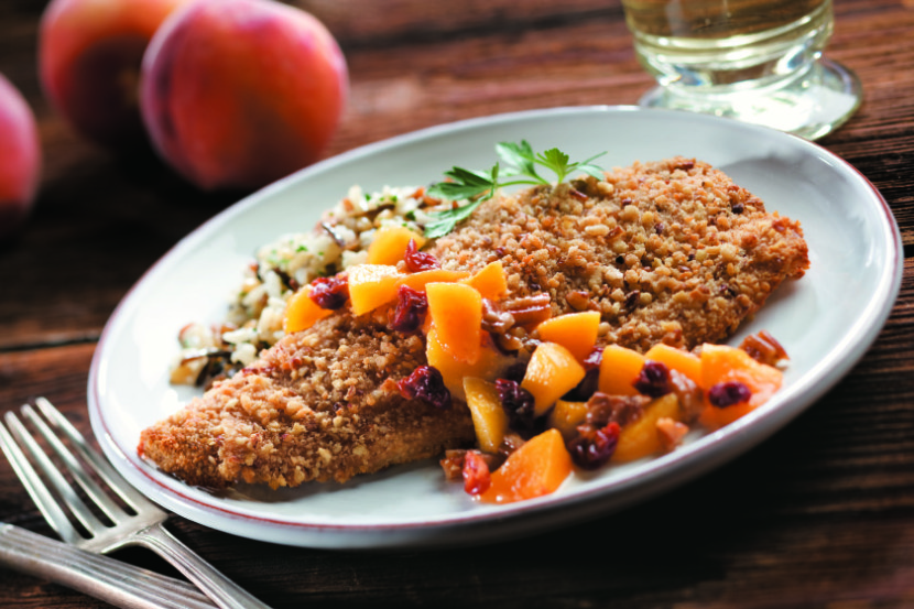 Pecan Crusted Rainbow Trout with Peach Maple Bourbon Glaze