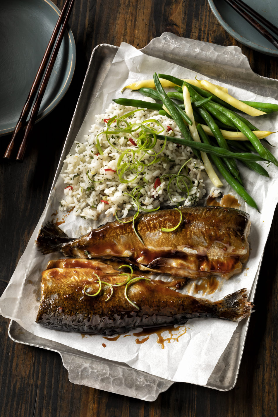 Peking Trout with Ginger-Garlic Sauce, Thai Rice and Green Beans