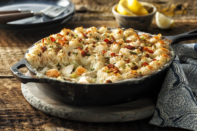 Trout and Shrimp Shepherd’s Pie with Crunchy Bacon-Leek Topping
