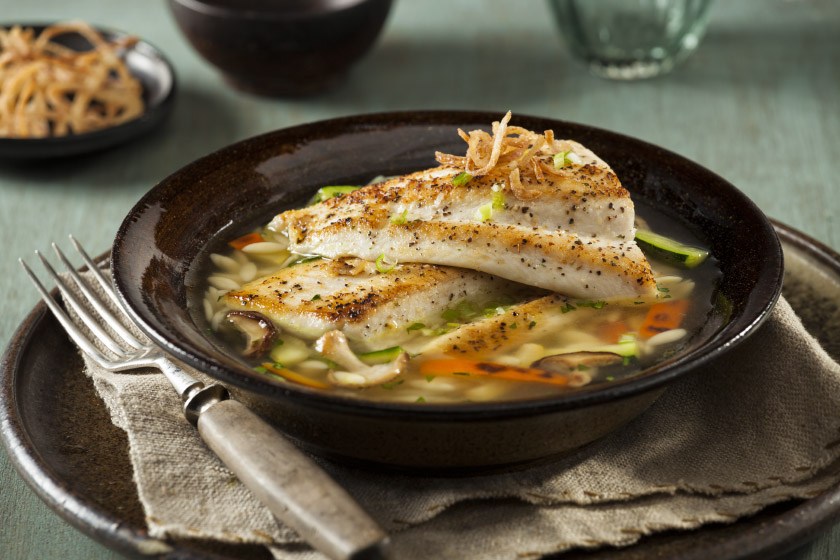 Rainbow Trout with Sautéed Vegetables & Orzo in an Herbed Broth