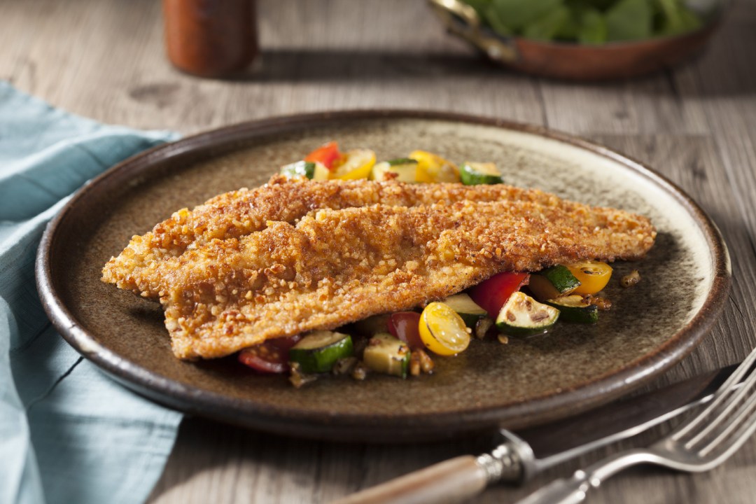 Pretzel-Crusted Rainbow Trout with Vegetable Sauté and Honey Mustard Sauce