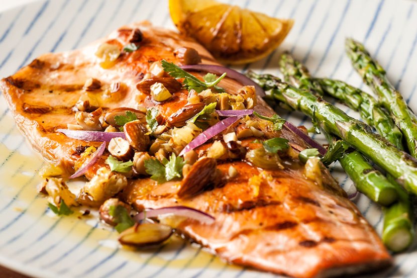 Grilled Steelhead Trout with Italian Agrodolce and Grilled Asparagus