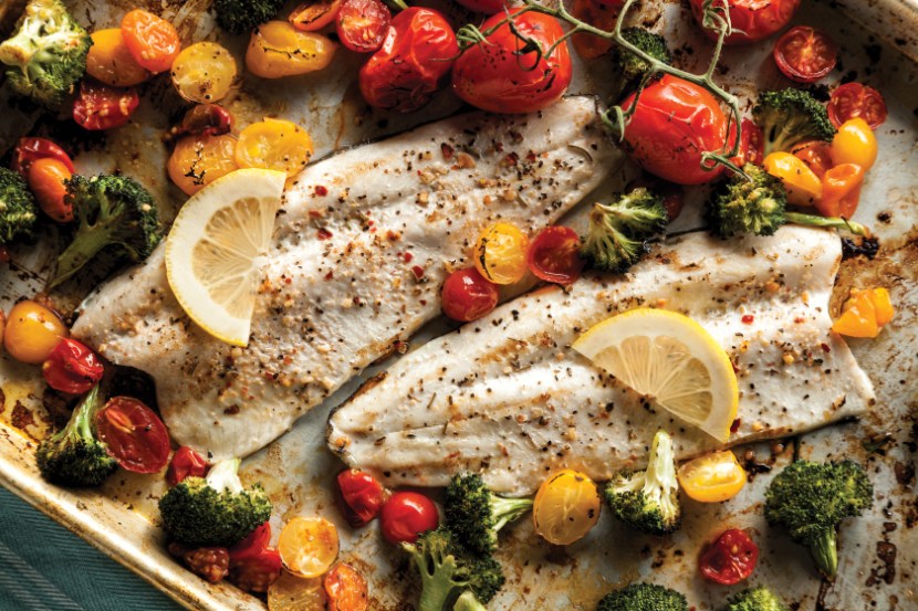 One-Pan Lemon and Herb Roasted Rainbow Trout with Broccoli and Tomato