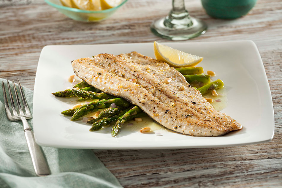 Rainbow Trout with Grilled Asparagus, Toasted Pine Nuts and Lemon-Garlic Vinaigrette
