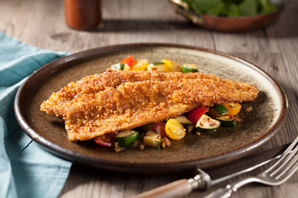 Pretzel Crusted Trout with Steamed Zucchini, Sun Gold Tomatoes and Honey Mustard Sauce